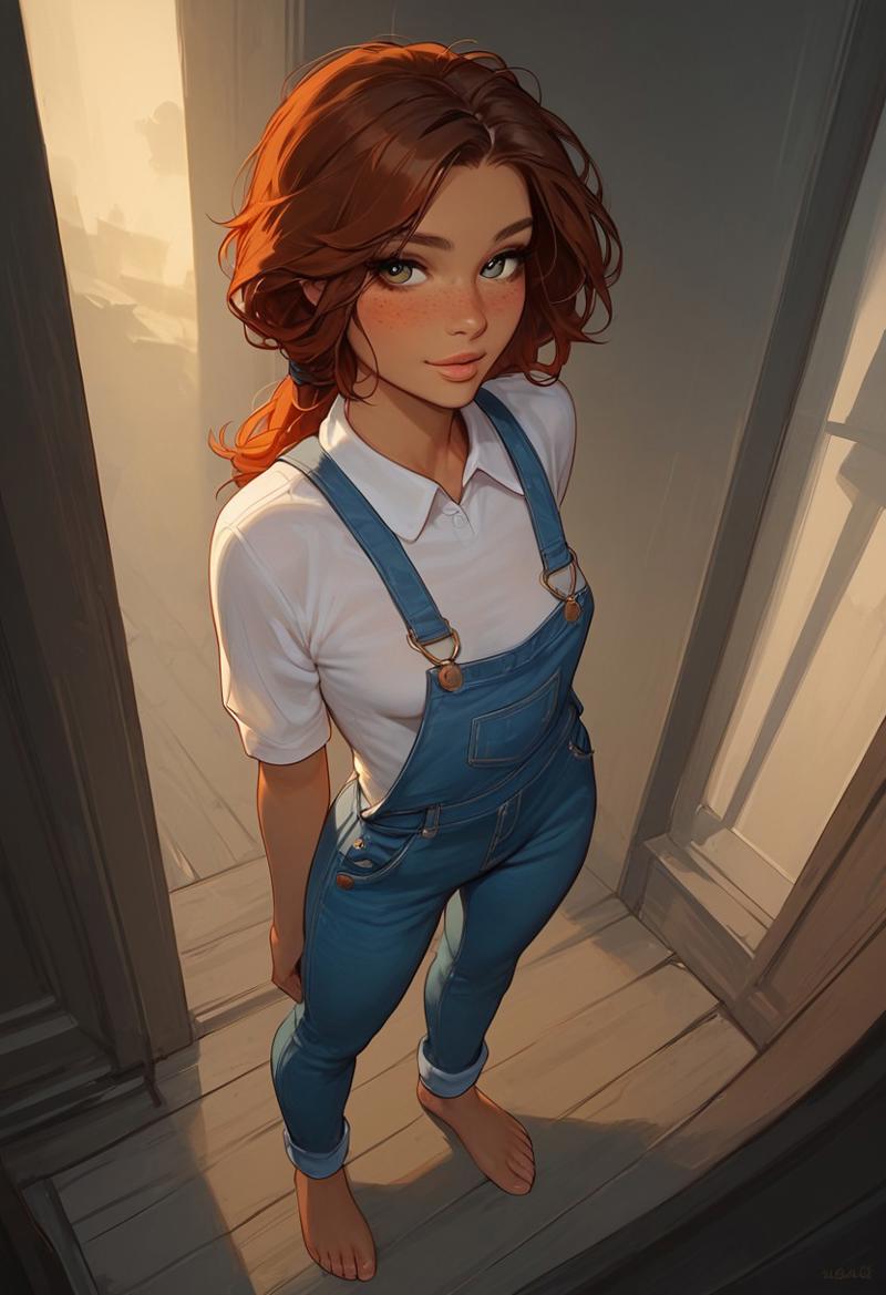 score_9, score_8_up, score_7_up, score_6_up, score_5_up, score_4_up, Expressiveh, 18 year old girl, (((cute innocent girl))), beautiful face, ((full pouty lips)), ((petite)), slender body, skinny girl with small breasts, ((tomboy)), barefoot, perky breasts, (breasts apart:0.5), ((freckles)), ((perfect lips)), slim legs, medium AUBURN hair, messy hair, (low ponytail), blushing, flawless skin, tan skin, (tan lines), posing, ((wearing overalls, fully clothed)), looking at viewer, (slight smile, small smile), lips parted:1.5, looking content, professional lighting, standing, full body silhouette, wide angle, from front, viewed straight on, outside, cloudy sky