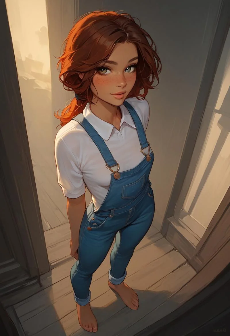 score_9, score_8_up, score_7_up, score_6_up, score_5_up, score_4_up, Expressiveh, 18 year old girl, (((cute innocent girl))), beautiful face, ((full pouty lips)), ((petite)), slender body, skinny girl with small breasts, ((tomboy)), barefoot, perky breasts, (breasts apart:0.5), ((freckles)), ((perfect lips)), slim legs, medium AUBURN hair, messy hair, (low ponytail), blushing, flawless skin, tan skin, (tan lines), posing, ((wearing overalls, fully clothed)), looking at viewer, (slight smile, small smile), lips parted:1.5, looking content, professional lighting, standing, full body silhouette, wide angle, from front, viewed straight on, outside, cloudy sky