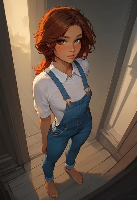 score_9, score_8_up, score_7_up, score_6_up, score_5_up, score_4_up, Expressiveh, 18 year old girl, (((cute innocent girl))), beautiful face, ((full pouty lips)), ((petite)), slender body, skinny girl with small breasts, ((tomboy)), barefoot, perky breasts, (breasts apart:0.5), ((freckles)), ((perfect lips)), slim legs, medium AUBURN hair, messy hair, (low ponytail), blushing, flawless skin, tan skin, (tan lines), posing, ((wearing overalls, fully clothed)), looking at viewer, (slight smile, small smile), lips parted:1.5, looking content, professional lighting, standing, full body silhouette, wide angle, from front, viewed straight on, outside, cloudy sky
