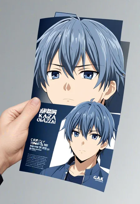 high resolution, solo, best quality, 1Boy, Tomoya Okazaki, Grey Blue Hair, brand ambassador, brochure design, OverallDetail