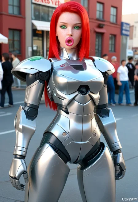 A 35mm photo of a beautiful sleek robotic woman, she has a robotic head, robot, green eyes, freckles, coppery red hair, silver mesh bodysuit, robotic joints, pink lips, standing on a street in Amsterdam, sleek shiny robotic body, green mechanical eyes, expressionless face
Robot girl, Mecha, Android, mechanical limbs, robot joints, metal skin, black sclera, no mouth, armor, no face, gaping mouth hole, _COLOR_ lips, ribbed inner mouth