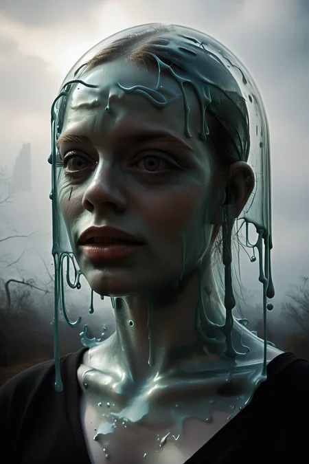<lora:DonMGl00myN1gh7m4r3XL:1> DonMGl00myN1gh7m4r3XL, Dark, Cimmerian, Crepuscular, Dim, Dreary, Dusky, Eerie, Funereal, Gloomy, Murky, Obscure, Opaque, Penumbra, Sombre, Shadowy, Shady, Somber, Stygian, Tenebrous, Twilight, Umbral, score_9, score_8_up, score_7_up, score_6_up, score_5_up, score_4_up, <lora:K040790P:0.8> 040790P, woman, 24 years old, <lora:Breast Slider - Pony_alpha1.0_rank4_noxattn_last:0.3>, <lora:wizardslimev15-t:1> wizardslimus, slime skin, transparent head, transparent body, transparent hair, transparent face, transparent, slime girl