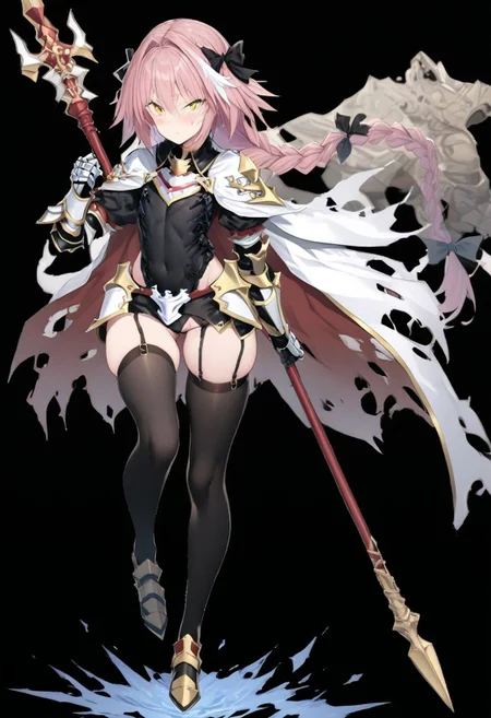masterpiece, best quality, ultra-detailed, beautiful, nai3, 1girl, solo, full_body, tachi-e,
astolfo \(fate\), 1boy, armor, black thighhighs, braid, cape, full body, garter straps, gauntlets, hair between eyes, hair ribbon, holding, holding polearm, holding weapon, lance, long hair, male focus, otoko no ko, pink hair, polearm, ribbon, riding, single braid, solo, thighhighs, torn cape, torn clothes, weapon, yellow eyes