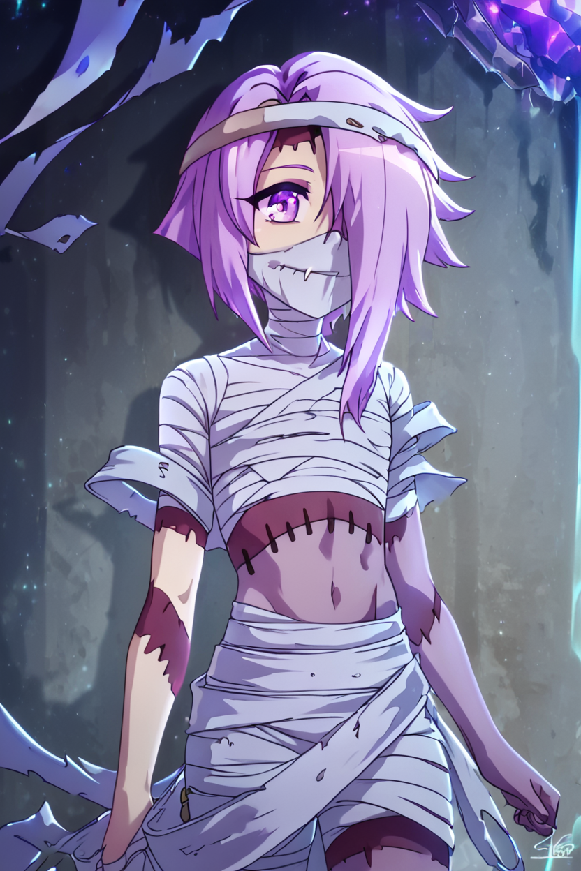 score_9, score_8_up, score_8,   BREAK, , zzDaimon, purple hair, purple eyes, mummy, colored skin, bandages,  grey skin,  <lora:Daimon_AFKArena_PDXL:1.0>, , BREAK, (warm colors), smile, looking at viewer, cowboy shot, ,,, embedding:zPDXL, Expressiveh, ,,, <lora:PrismaIllya_PDXL_v3:1.0>, <lora:SDXLFaeTastic2400:0.5>, <lora:Expressive_H-000001:0.4>,