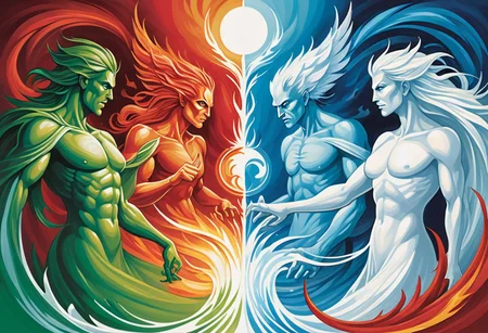 Four spirits fighting each other, each spirit has its own theme (red/fire, blue/water, white/air and green/earth), (image parted in four quarters:1.1) with each quarter dedicated to its own themed spirit
