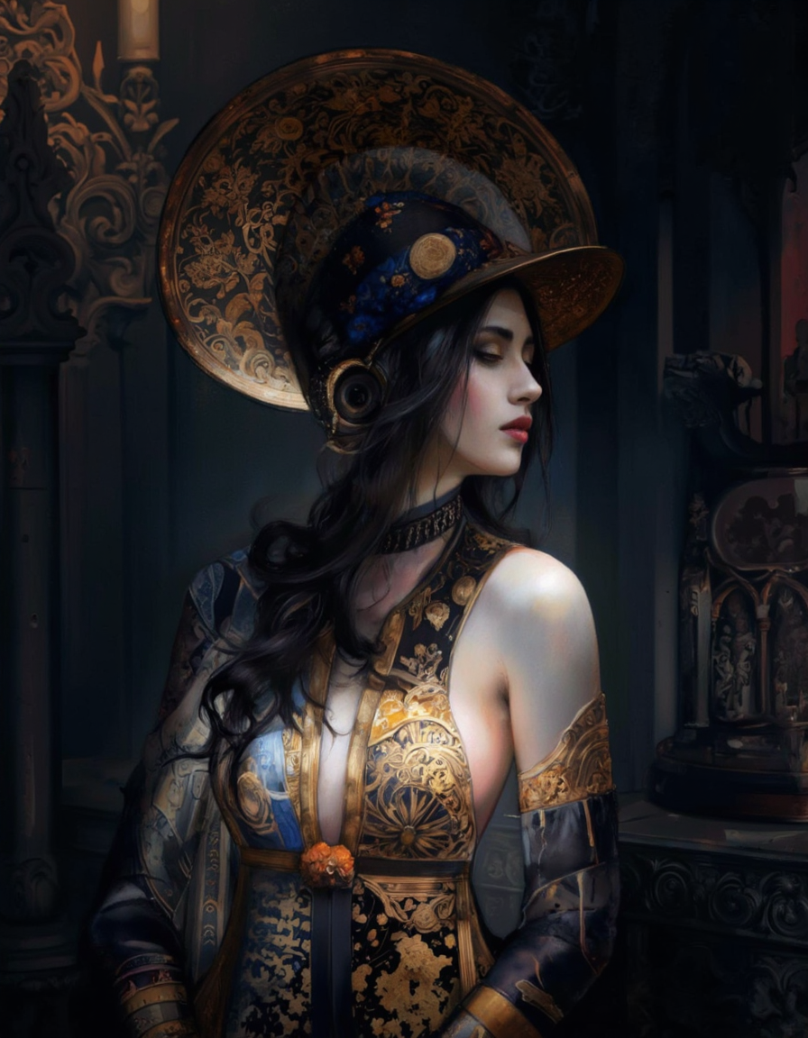 . A photo-realistic digital illustration shoot from a profile camera angle about a dark fantasy portrait of a woman in ornate attire, featuring intricate details and a mysterious atmosphere. the image also shows a dark, gothic background with ornate architecture and shadows, creating a dark and moody atmosphere. on the middle of the image, a 1woman, who appears to be in her mid-twenties, with pale skin, long black hair, and a serious expression, wearing a black and gold dress with intricate gold details, including a large, ornate hat with a wide brim and intricate patterns. she has a slim body and is looking to the side, with her upper body visible. her hair is styled in a long, flowing manner, and her eyes are closed, giving her a serene and contemplative expression. she is standing in a dimly lit room with dark shadows, and the lighting is dramatic, casting shadows on her face and upper body, highlighting her intricate details on her clothing and headpiece. the overall effect is one of elegance and sophistication, with a focus on the dark fantasy theme.