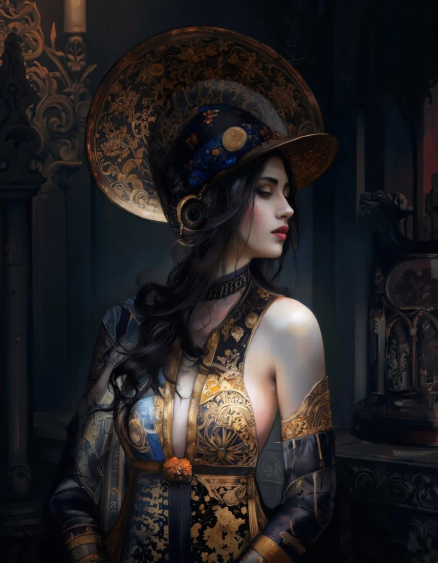 . A photo-realistic digital illustration shoot from a profile camera angle about a dark fantasy portrait of a woman in ornate attire, featuring intricate details and a mysterious atmosphere. the image also shows a dark, gothic background with ornate architecture and shadows, creating a dark and moody atmosphere. on the middle of the image, a 1woman, who appears to be in her mid-twenties, with pale skin, long black hair, and a serious expression, wearing a black and gold dress with intricate gold details, including a large, ornate hat with a wide brim and intricate patterns. she has a slim body and is looking to the side, with her upper body visible. her hair is styled in a long, flowing manner, and her eyes are closed, giving her a serene and contemplative expression. she is standing in a dimly lit room with dark shadows, and the lighting is dramatic, casting shadows on her face and upper body, highlighting her intricate details on her clothing and headpiece. the overall effect is one of elegance and sophistication, with a focus on the dark fantasy theme.