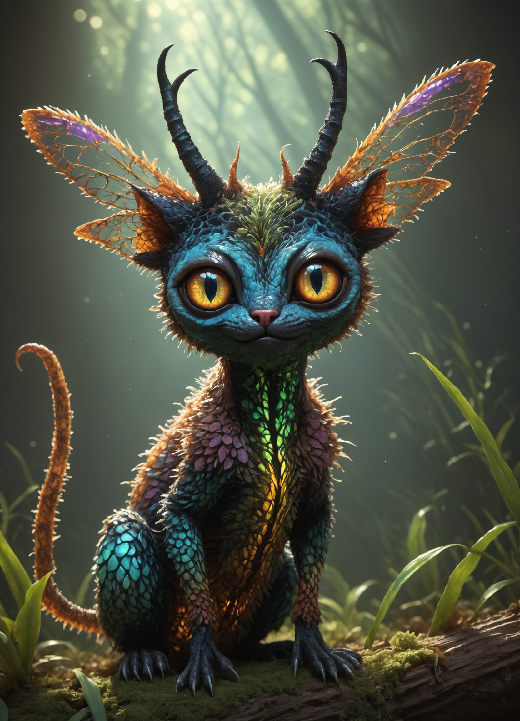 <lora:TheWeirdies_epoch_10:0.78>  no humans, animal focus, Enormous Stealthy Woven Bohemian Fungoid,  Webbed Appendages, Multi-Tailed Prehensile-Tailed, Iridescent Skin, Cat Ears, elemental Wings, Straight Horns Serrated Jaw Cow Print <lora:add-detail-xl:1>