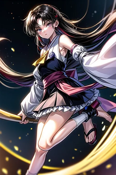 masterpiece, best quality 1girl Setsun4 solo long hair, (night time) forest background black hair very long hair purple eyes multicolored hair armor (fur trim) (medium body),<lora:EMS-179-EMS:0.800000>,<lora:EMS-293862-EMS:0.800000>ascot, bare shoulders, black footwear, detached sleeves, embellished costume, frills, japanese clothes, nontraditional miko, red skirt, sandals, sarashi, skirt, socks, white sleeves, white socks, wide sleeves, yellow ascot, zouri, armor, miko