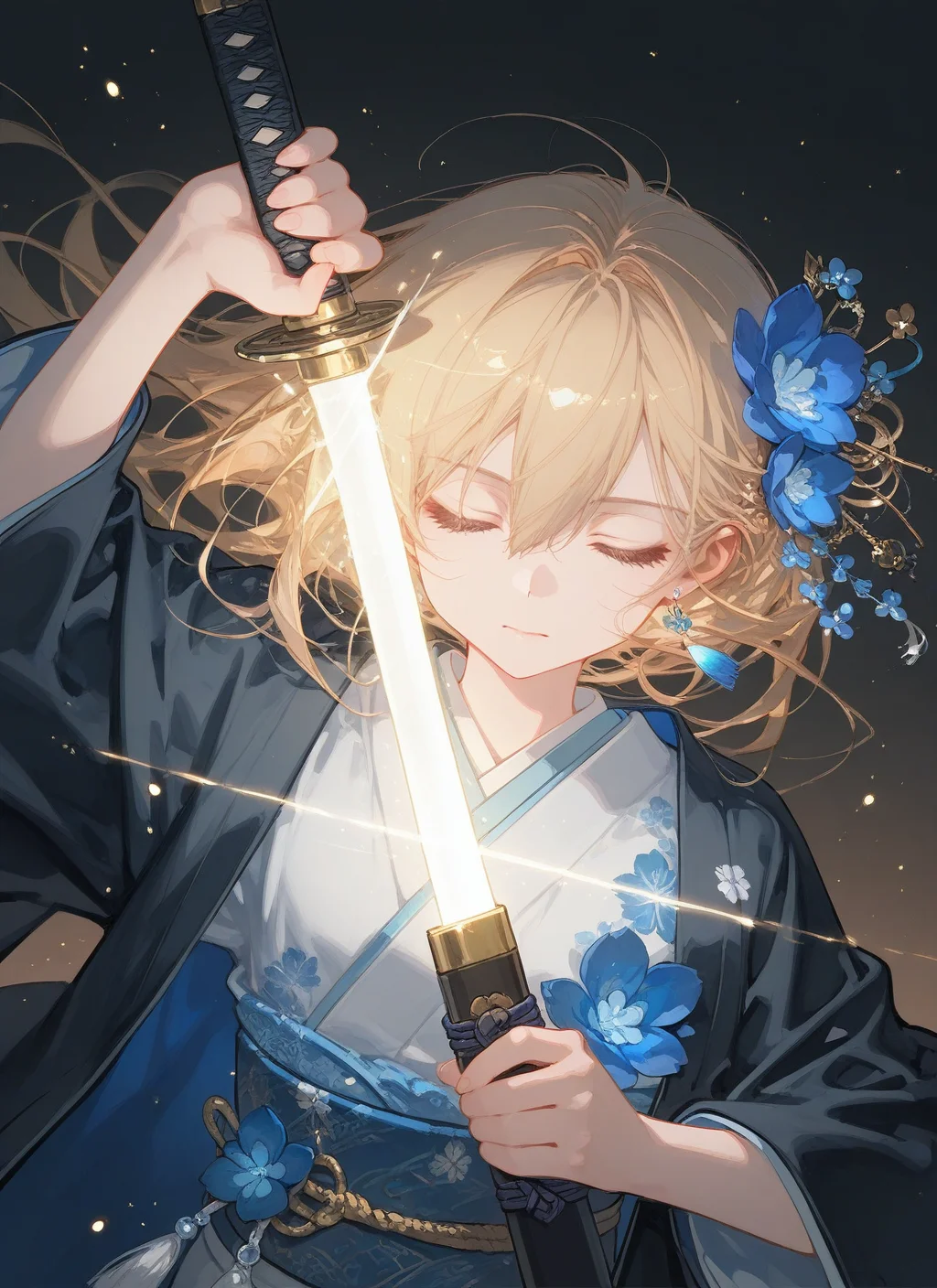 1girl,solo,blonde hair,long sleeves,hair ornament,holding,hair between eyes,closed mouth,jewelry,upper body,closed eyes,flower,weapon,earrings,japanese clothes,alternate costume,sword,hair flower,wide sleeves,kimono,holding weapon,arm up,floating hair,glowing,holding sword,katana,facing viewer,sheath,blue flower,glint,haori,unsheathing,glowing weapon,holding sheath,drawing sword,dark theme,light particles,radiant reflections,dynamic pose,Cunnystyle,<lora:CunnyfunkyV3.0:1>,masterpiece,best quality,amazing quality,