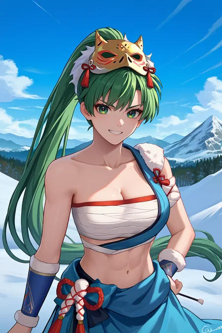 score_9, score_8_up, score_7_up, score_6_up, source_anime BREAK 1girl, solo <lora:lyn-pdxl-nvwls-v1-000005:1> flmLyn, green hair, high ponytail, mask on head, collarbone, single bare shoulder, single sleeve, white bandeau, cleavage, wrist wrap, white rope, blue skirt, bracers, mountains, snow-covered mountains, clouds, serious, grin, looking at you