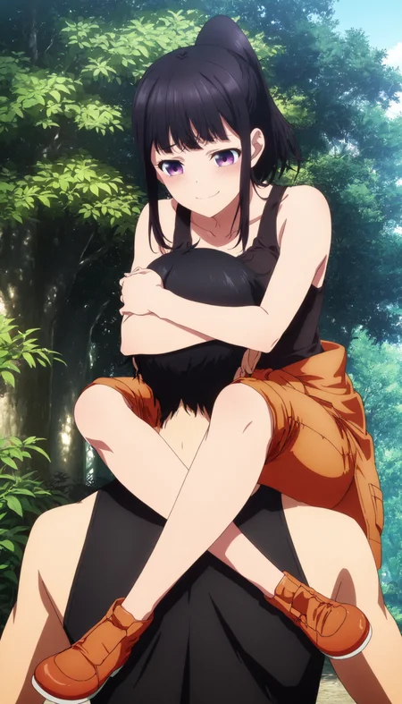 score_9, score_8_up, score_7_up, score_6_up, source_anime, high res, anime coloring, anime screencap, <lora:Reverse Shoulder Carry_Illustrious:0.9>Reverse Shoulder Carry,1girl,1boy,head lock,holding head,riding shoulder,background outdoors,smile,shy <lora:(Illustrious)Maki Oze:1> maki_oze, 1girl, black hair, purple eyes, ponytail, bangs, sidelocks,medium breasts,inneroutfit, (muscular:0.6), tank top, black tank top, clothes around waist, orange pants, collarbone,