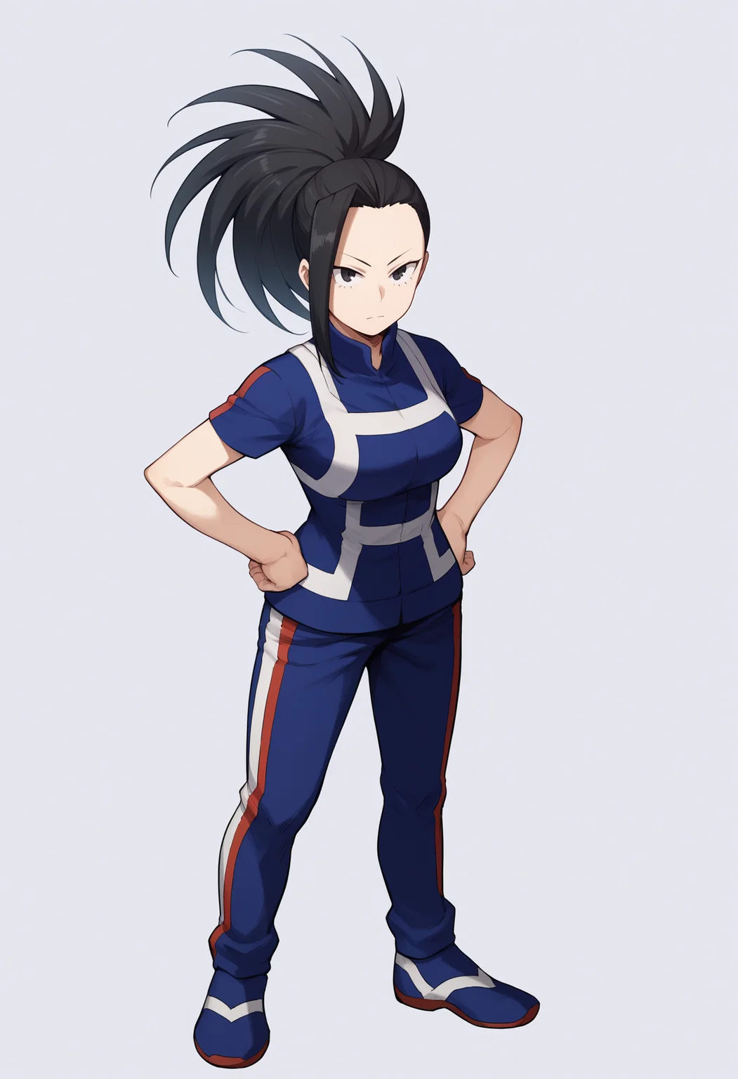 score_9, score_8_up, score_7_up, score_6_up, score_5_up, score_4_up, BREAK
yaoyorozumomo, 1girl, black eyes, black hair, ponytail, long hair, hair pulled back,
short sleeves, training outfit, blue pants,
hands on hips, full body, standing, solo, looking at viewer, simple background , white background <lora:MomoYaoyorozuXL:1>