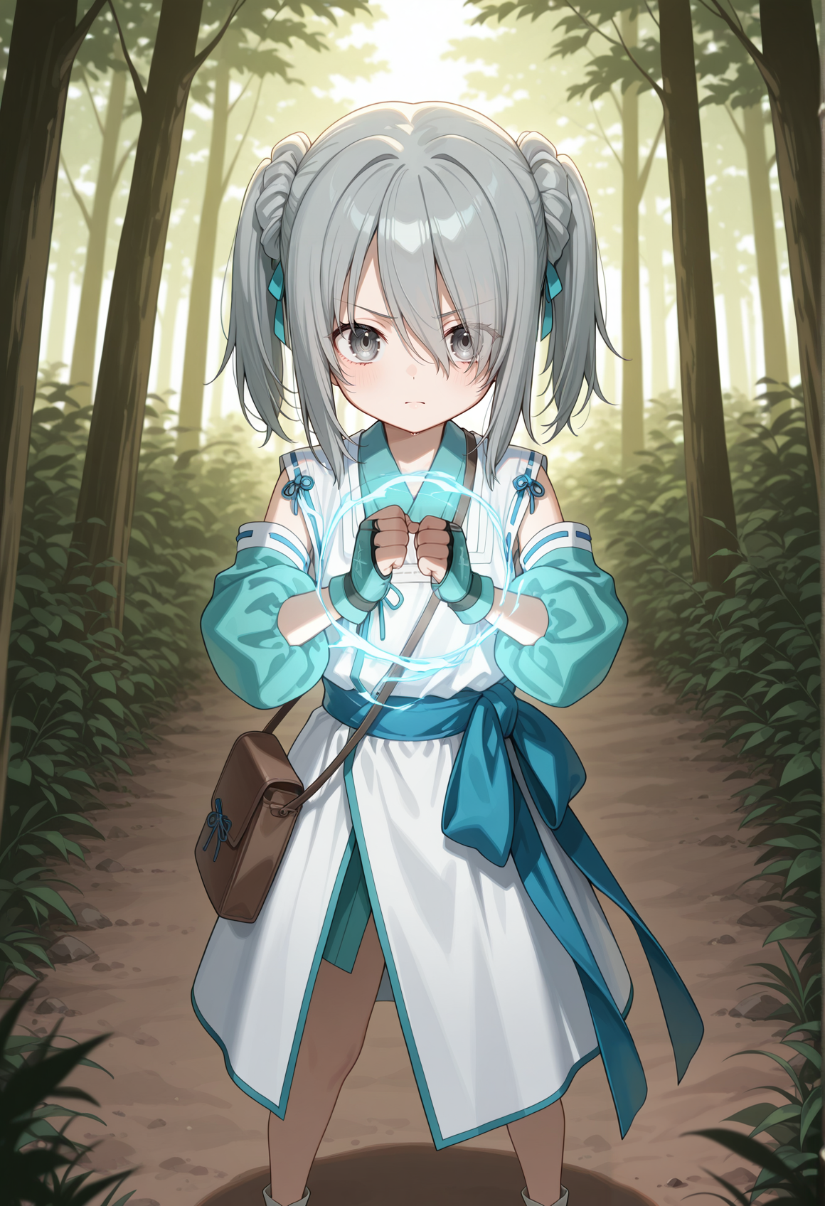 1girl, medium hair, grey hair, twintails, scrunchie, grey eyes, hair ribbon, onmyouji, white japanese clothes, ribbon, detached sleeves, fingerless gloves, bag, sandals, casting spell, magic, talisman, serious, looking at viewer,  outdoors, forest <lora:hanbee_nobuna_illus:1> dymamic pose, masterpiece, best quality, amazing quality, very aesthetic, absurdres, highres, newest