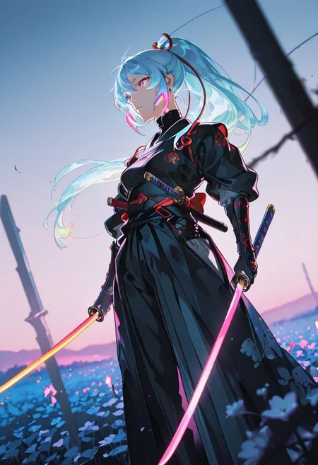<lora:ck-yoneyama-mai-IL-000014:1>, masterpiece, best quality, good quality, very aesthetic, absurdres, newest, 8K, depth of field, focused subject,
dynamic angle, medium close up, wabi sabi, 1girl, samurai, ethereal presence, long flowing pastel blue hair, wielding a glowing katana, standing, cherry blossom field at dusk, soft lighting, vibrant neon highlights, Yoneyama Mai style, highly detailed anime illustration, dreamlike atmosphere, cinematic composition
ckym, in the style of ckym,