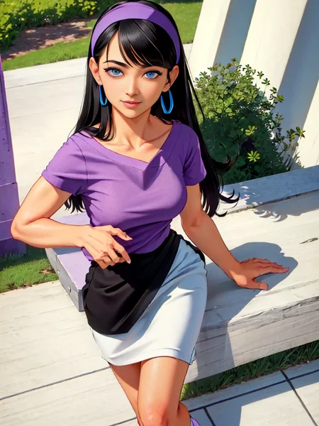 best quality, high quality, highres, intricate detail, raw photo, 1 sexy girl, 18-years-old, blue eyes, black color hair, detailed hair, solo, smiling, (perfect model woman), detailed body, detailed face (full body portrait), standing, white headband, (purple t-shirt:1.5), (White mini skirt:1.2), detailed public park, (perfect ligths, shadows), 8k, sharp, (hyper realistic). loos at viewer, grain film, nikon d850 film stock photograph 4 kodak portra 400 camera f1.6 lens rich colors hyper realistic <lora:trixieCharacter_trixiev1:1>