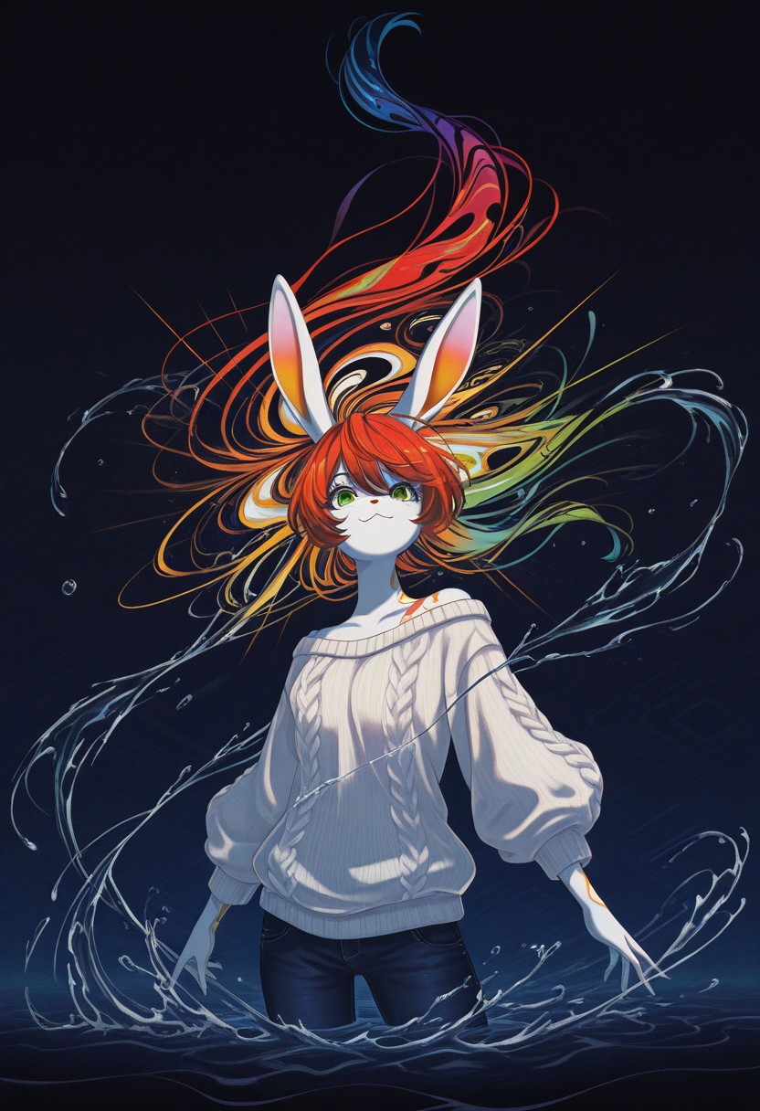 (masterpiece, gradient, recent, good_quality, high_quality, newest, very aesthetic, vibrant_background, abstract_background, colorful, surreal, anime_coloring:1, vectortrace:1, flat_colors:1,rabbit girl,furry,red hair,white rabbit ear,solo,add detailed eyes,green eyes,dressed,happy,long hair,roll-up sweater,jeans,BV-Illu,Dynamic pose, midnight blue gradient background, water,late night,upper body,