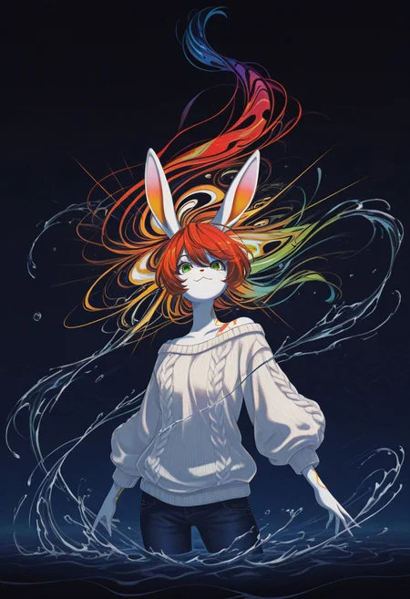 (masterpiece, gradient, recent, good_quality, high_quality, newest, very aesthetic, vibrant_background, abstract_background, colorful, surreal, anime_coloring:1, vectortrace:1, flat_colors:1,rabbit girl,furry,red hair,white rabbit ear,solo,add detailed eyes,green eyes,dressed,happy,long hair,roll-up sweater,jeans,BV-Illu,Dynamic pose, midnight blue gradient background, water,late night,upper body,