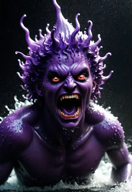 , The play of light on their hair and face, adds a touch of horror turning ordinary droplets into a symphony of aquatic terror, dancing in the realm where water meets its domonic appocalypse , awesome full color, full-body angle, purple DEVIL SPAWN