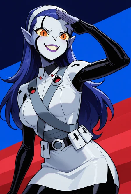 <lora:rookshar-10:1> rookshar, blue hair, colored skin, yellow sclera, long hair, 1girl, purple lips, white hairband, pointy ears, white suit, black sleeves, black pants, white skirt, short skirt, utility belt, smile,  sharp canines, teeth, dynamic pose, salute, army salute, american flag background,, masterpiece, best quality, amazing quality, very aesthetic, absurdres, newest,