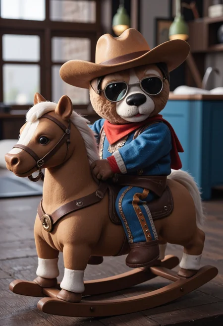 <lora:Pieper-Puppet-023:0.8>,A stuffed bear in a cowboy hat, riding a tiny rocking horse.,glossy paper, iso150, 35mm, score_9, intricate details, Hyperrealism style, 3d, concept-art, dreaminess, psychedelic, shallow-depth-of-field, cinematic lighting, soft bokeh, very beautiful composition, Unreal, real-time 3D, Epic Games style, Unreal Engine style, 3d-rendering, vibrant contrast depth and shadow enhanced using (Gaussian blur) for a soft background focus, (sharpen filter) applied, (color grading) to enhance contrast between warm and cool tones, (noise reduction) for a smooth, clean finish, (HDR toning) used for extra depth and detail, highly detailed dreamy background detailed skin texture, subsurface scattering award-winning, professional, highly detailed, dreamlike, mysterious, provocative, symbolic, intricate, detailed, hyper-detailed, masterpiece, award winning, midjourneyv6.1