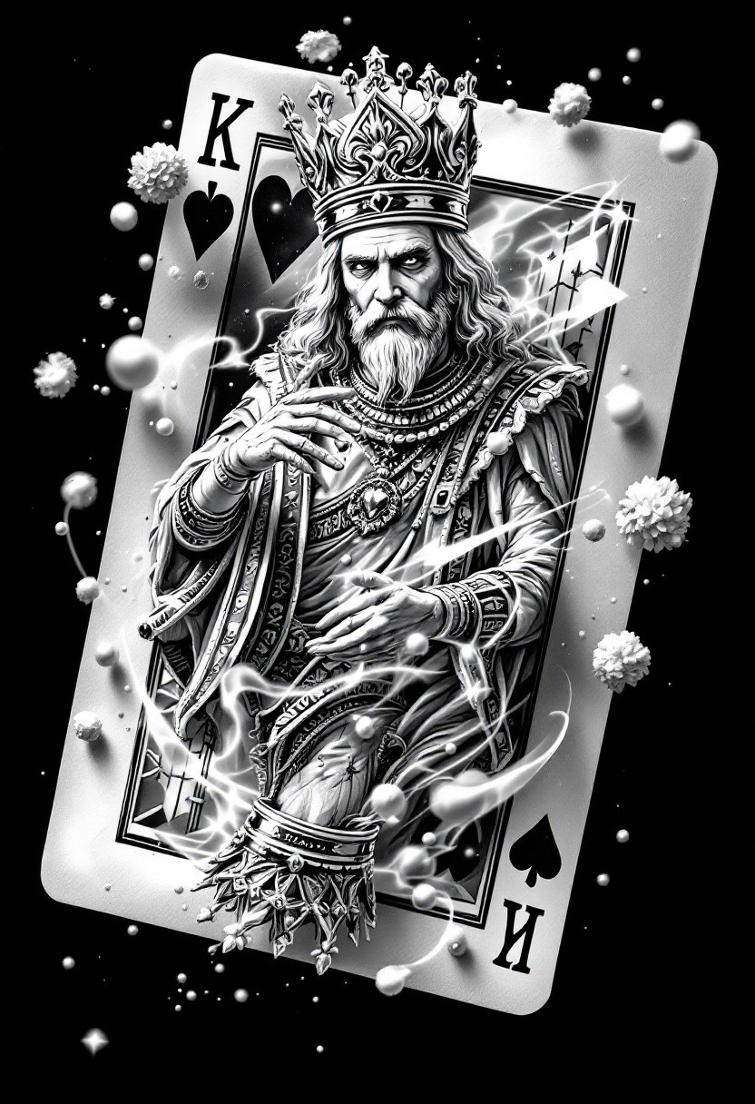 Create a detailed black and white pencil sketch that combines the following elements into a cohesive and harmonious design, perfect for a tattoo. The sketch should show a King of Hearts card from the American deck of cards transformed into a stunning 3D hologram. The King comes to life, emerging from the card as if it were passing through space, floating directly in front of you. Generating a futuristic effect that blurs the boundary between the virtual and the real. The card is no longer a simple object, but an immersive interactive experience that transports you to a world where fantasy and technology merge. This hologram is perfect for environments where creativity and innovation have no limits, in a futuristic atmosphere, designed to surprise and captivate those who witness it.