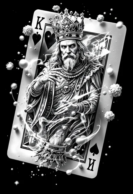 Create a detailed black and white pencil sketch that combines the following elements into a cohesive and harmonious design, perfect for a tattoo. The sketch should show a King of Hearts card from the American deck of cards transformed into a stunning 3D hologram. The King comes to life, emerging from the card as if it were passing through space, floating directly in front of you. Generating a futuristic effect that blurs the boundary between the virtual and the real. The card is no longer a simple object, but an immersive interactive experience that transports you to a world where fantasy and technology merge. This hologram is perfect for environments where creativity and innovation have no limits, in a futuristic atmosphere, designed to surprise and captivate those who witness it.