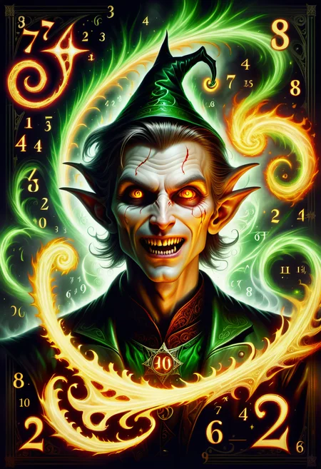 hyper detailed masterpiece, dynamic, awesome quality,swirling DonMM4hM4g1cXL math magic,numbers, symbols,christmas elf, mythical undead vampiric being, pale deathly complexion, sharp fangs, cursed, malevolent, supernatural powers, extremist,fire, <lora:DonMM4hM4g1cXL-000008:0.8>