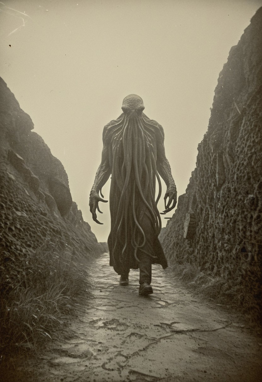 antique photo, eerie atmosphere, creepy, descent into madness, cthulhu mythos, nameless ones,  horror, lovecraft