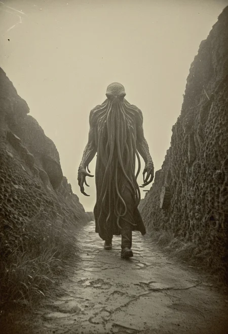 antique photo, eerie atmosphere, creepy, descent into madness, cthulhu mythos, nameless ones,  horror, lovecraft