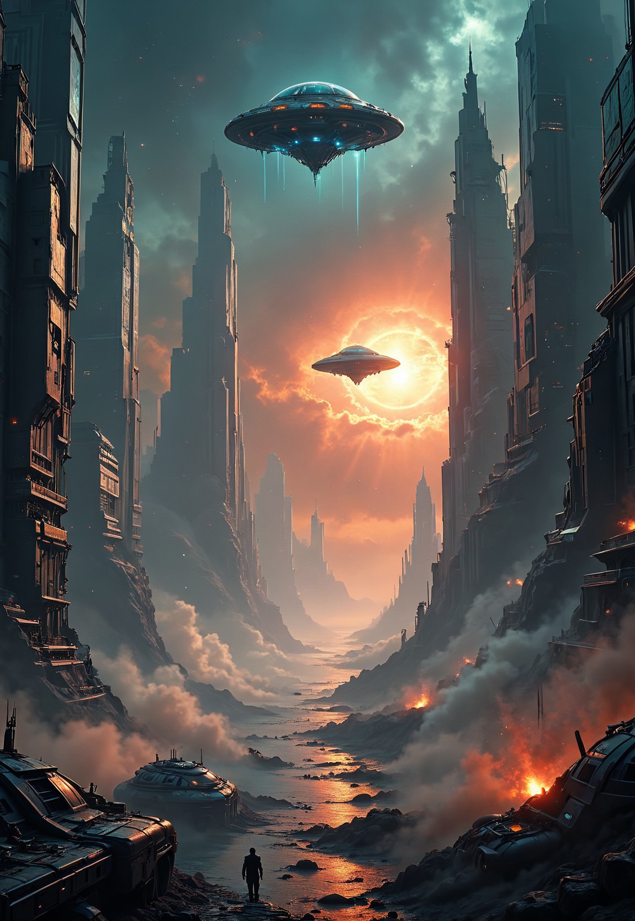 ultra HD, high quality, 4K, score_9, score_8_up, score_7_up, photo, extremely detailed, 8k, high quality, Source_photo, real photo, sharp, highly detailed and hyper realistic,masterpiece, masterpiece, best quality, vivid colors, high quality, RAW photo, alien landscape, skyline . extraterrestrial, cosmic, otherworldly, mysterious, sci-fi, spaceships. interstellar war, highly detailed. very slightly orange-tinted sky. Cyberpunk alien city merge