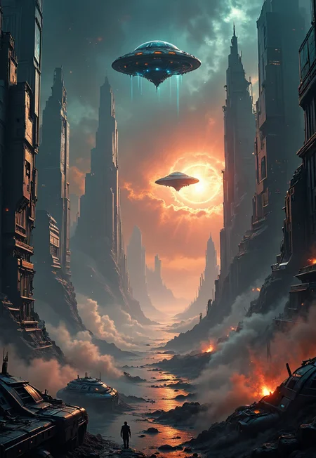 ultra HD, high quality, 4K, score_9, score_8_up, score_7_up, photo, extremely detailed, 8k, high quality, Source_photo, real photo, sharp, highly detailed and hyper realistic,masterpiece, masterpiece, best quality, vivid colors, high quality, RAW photo, alien landscape, skyline . extraterrestrial, cosmic, otherworldly, mysterious, sci-fi, spaceships. interstellar war, highly detailed. very slightly orange-tinted sky. Cyberpunk alien city merge