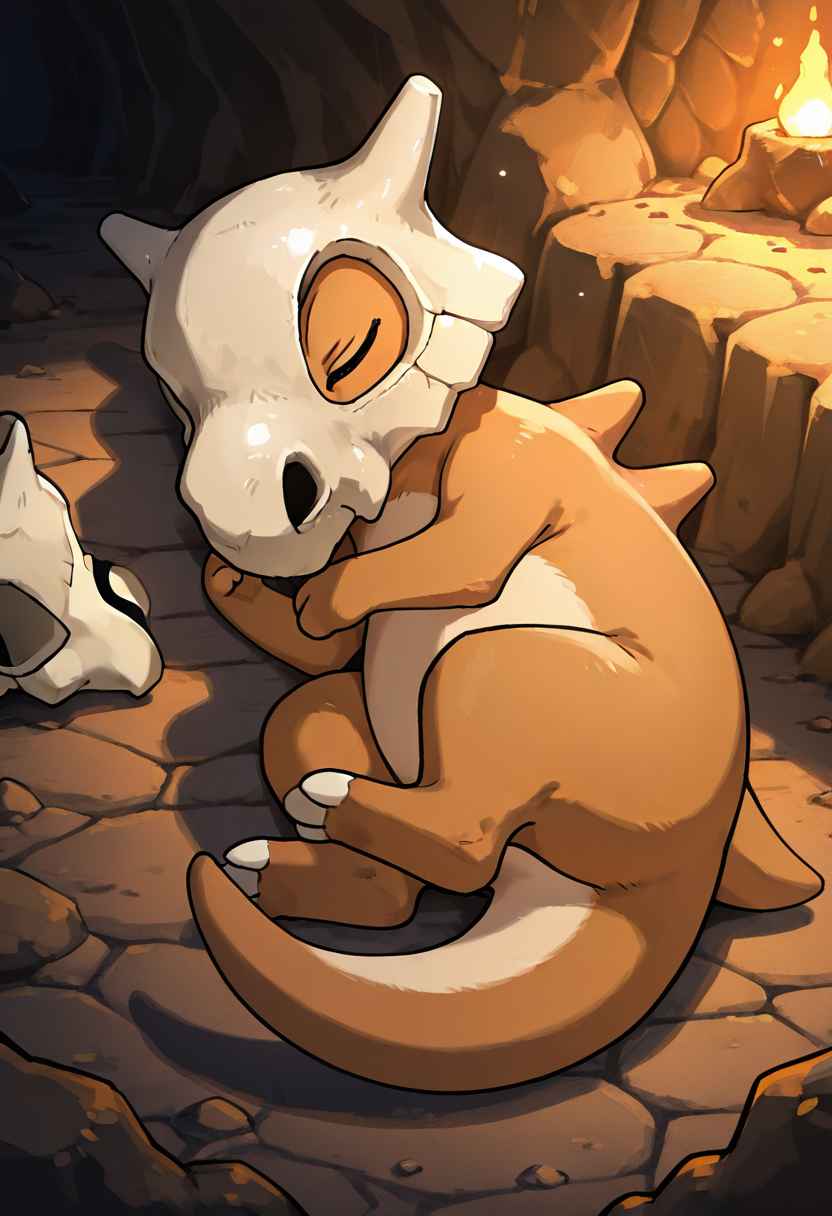 masterpiece, best quality, no humans,   ,<lora:CubonePokedex_IXL:1.0>,  zzCubone, curled up, sleeping peacefully, soft lighting, cave setting, warm glow, firelight, tiny snores, skull helmet, curled tail, gentle atmosphere, cozy mood