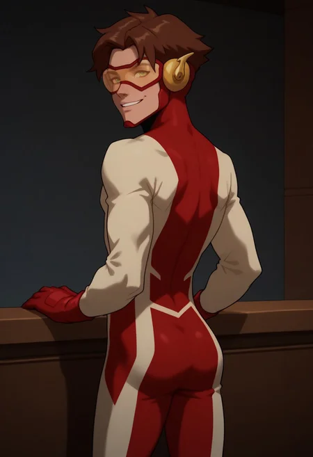 score_9, score_8_up, score_7_up, highly detailed, cute boy, 1boy, solo, Impulseyj, red framed goggles yellow lenz, red and white bodysuit, red gloves, brown hair, smug smile, from behind, looking back at viewer,