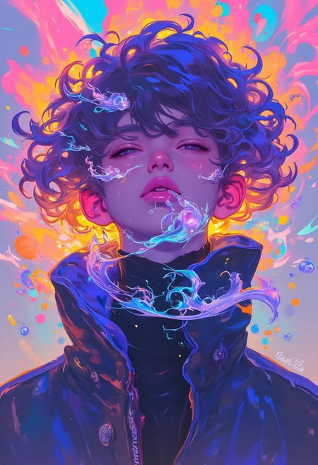 A high-resolution digital illustration of a young man with voluminous, curly hair styled in a deliberately messy fashion. He dons a sleek black jacket that partially obscures his face, adding an air of mystery. The background is a kaleidoscope of vibrant colors—saturated pink, fiery orange, deep blue, and bright yellow—forming an abstract, dynamic splash pattern that enhances the surreal, dreamlike atmosphere. The composition employs dramatic lighting to accentuate the textures of the hair and jacket, while a unique, slightly tilted perspective adds depth and intrigue to the scene. The overall aesthetic blends elements of modern street art with a touch of psychedelic influence, creating a visually captivating and emotionally evocative image.