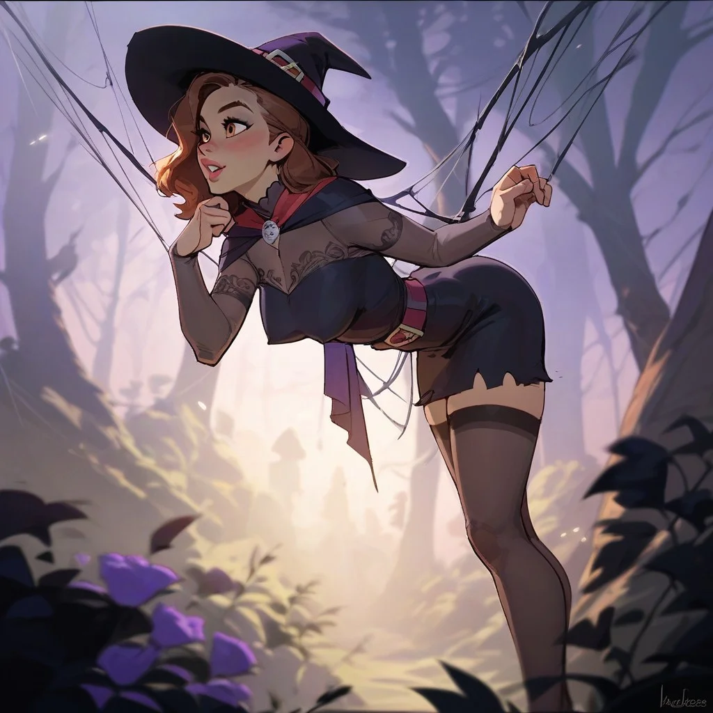 score_9, score_8_up, score_8_up, sexy woman, human, witch, witch outfit, dark forest, spider webs, highly detailed, dynamic lighting, depth of field, absurdres, best quality,