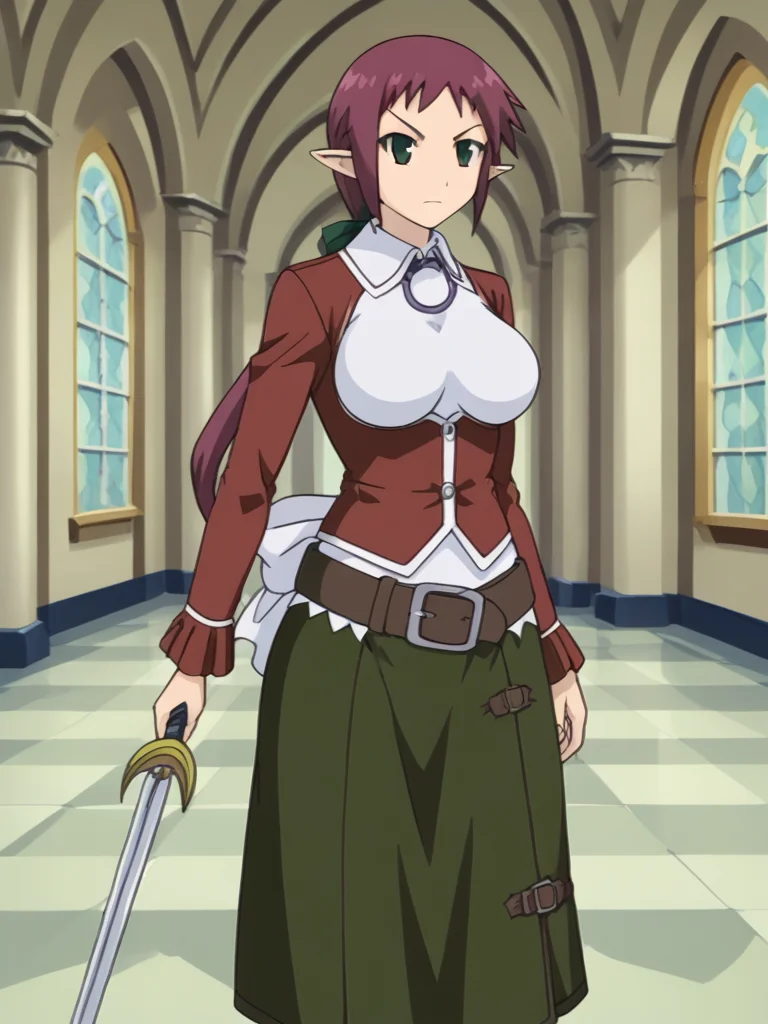 1girl, solo, sardiakamoshirenai, purple hair, ponytail, green eyes, pointy ears, large breasts, white shirt, collared shirt, hair bow, pendant, red jacket, partially open jacket, long sleeves, belt, green skirt, long skirt, back bow, indoors, mansion, hall, standing, cowboy shot, serious, holding, weapon, sword,
