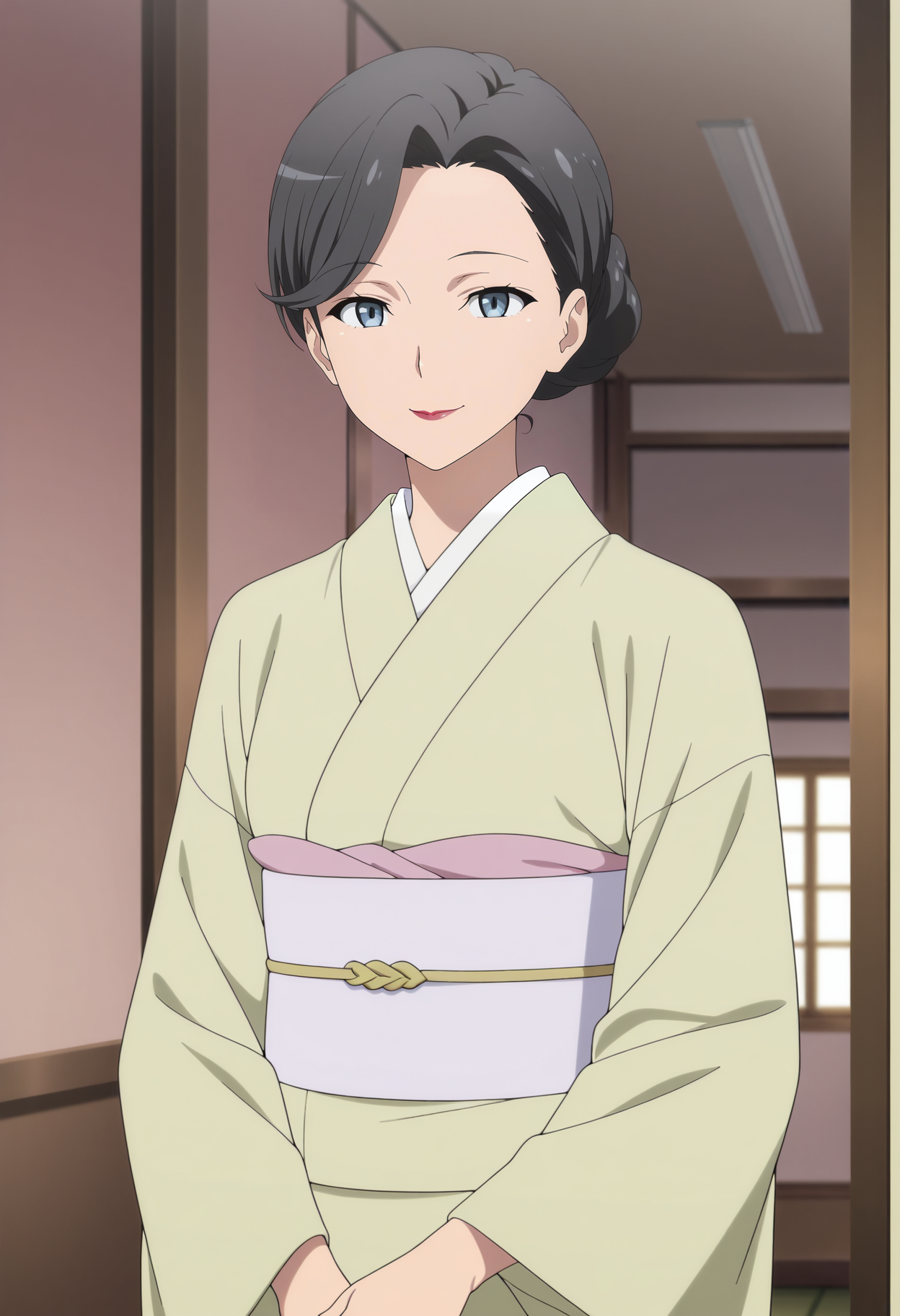1girl,solo,mm,mature female,hair bun,black hair,blue eyes,lipstick,anime coloring, 
kimono,looking at viewer, indoors,smile,cowboy shot, 
,masterpiece,best quality,amazing quality,<lora:Mother_Yukinoshita-Yahari_Ore_no_Seishun_Love_Comedy_wa_Machigatteiru:0.8>