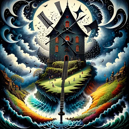 Pointillism style painting of (Bipolar Photo:1.3) of (Ultra detailed:1.3),(Amusing:1.3) Windmill Sail: Blades mounted on a rotating shaft, used to convert wind into mechanical power.,Dreadful Gale: Howling winds that carry unsettling sounds, like distant screams or wails.,Cryptic Puzzle Box: A puzzle box that rearranges its pieces or solves itself under certain conditions. <lora:more_details:1> <lora:Dark Fantasy:1> <lora:stylesqueeze_v3_xl:1> <lora:Perfect Hands:1> <lora:illusionix:1> illusionix,(by Artist W. Heath Robinson:1.3),Highly Detailed,(Cybergoth Art:1.3),(Hypersaturated:1.3), Composed entirely of small distinct dots of color, vibrant, highly detailed, pointillism