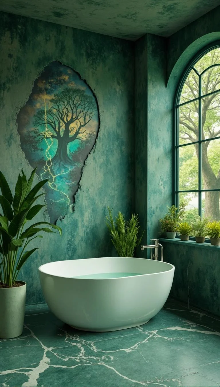 <lora:Trip_Deco.safetensors:1>
In the heart of an ancient, sprawling manor, a room of stark elegance and hidden grandeur unfolds. The walls, a tapestry of green mottles, evoke the serenity of a timeless forest, interrupted only by an artful mural of an ancient tree, its roots delving deep into the earth and its branches reaching for the heavens. The mural is a testament to the power of nature, a silent witness to the eons that have passed.
At the center of this sanctuary lies a white oval bathtub, a vessel of purity and tranquility. The tub, carved from the finest marble, rests like a ship in a sea of calm, its surface gleaming under the soft, natural light that filters through a large window. Beyond the window, a leafless tree stands as a sentinel, its branches etched against a sky of twilight, a stark contrast to the verdant life inside.
Tall, emerald plants line the window sill, their leaves swaying gently in the breeze, adding a touch of life and color to the minimalist design. The soft, natural light creates a series of leading lines, guiding the eye through the room, from the mural to the bathtub, and out to the vast, mysterious world beyond.
Suddenly, the tranquility is shattered as a powerful figure enters the room. A man of imposing stature, his robes flowing like the currents of a river, his eyes glowing with an otherworldly light. He is the guardian of the manor, a being of immense power and ancient wisdom. With a single gesture, the air crackles with energy, and the leaves of the plants shiver in anticipation.
The man approaches the bathtub, his presence commanding the room. The water within the tub begins to shimmer, reflecting the growing intensity of the moment. He speaks, his voice a deep, resonant echo, "The balance of the world hangs by a thread, and it is here, in this sacred space, that the future will be decided."
The mural on the wall seems to come to life, the tree's branches pulsating with a luminous energy, as if drawing power from the guardian's presence. The room is now a stage, set for a confrontation of epic proportions, where the fate of the world will be determined by the actions of this powerful being and the forces he commands.