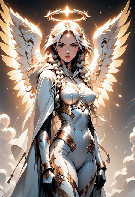 score_9, score_8_up, score_7_up, (Western Comics), a full body image of a sexy mechangel girl, caucasian, seductive, (glowing wings), solo, glowing armor, glowing halo, glowing mechanical 4 wings (hyperdetailed:1.15), detailed, light passing through hair, (ultra detailed, high quality texture), (sharp), (artistic image), 32K, 4K, ULTRA HD, small waist, large breasts, tight white bodysuit with, crop: -5, (3/4 portrait), wide view, ((her whole head and hair is visible)), zoomed out, wings completely visible, (from thighs and up), wings folded along her body, cowboy shot, angelify, (monochrome background), (nothing in background), plain background, long hair Twin Braids, Hooded cloak, (holding an angelic tome with both hands), side view
