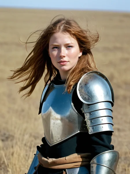 Analog photo of a woman looking like Christine_Duffy_P_MXAI_SDXL , wearing full plate armor, in a battlefield, windblown hair, smudges, dirt, windblown hair,