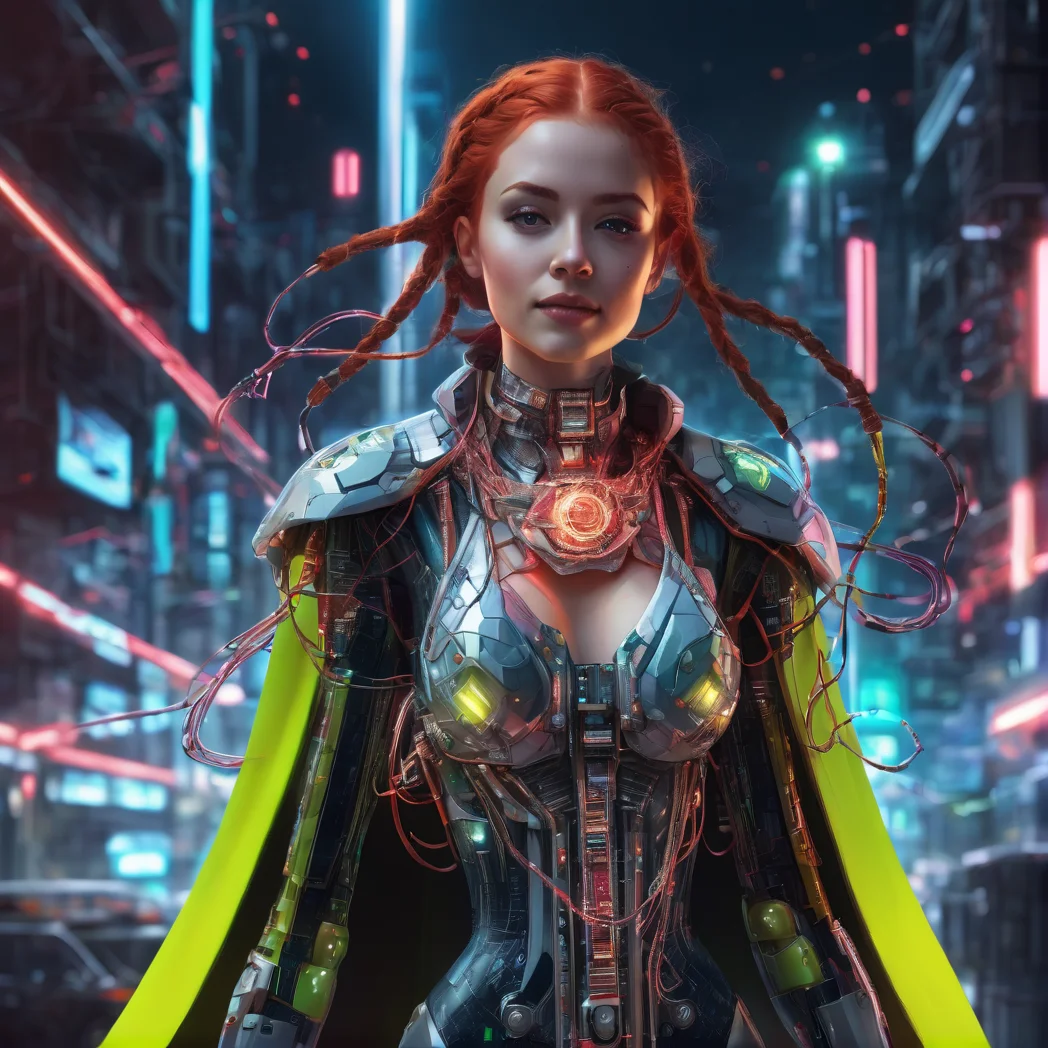 girl, woman, age 32, red hair, braided hair, full body, asymmetrical fashion, scifi cape with clusters of neon wires, wearing a crystalline circuit board style pendant, detailed face, realistic, exposed circuitry, android, scifi fantasy scene setting, scifi, cyborg, posing, hydraulic pistons, playful, smiling