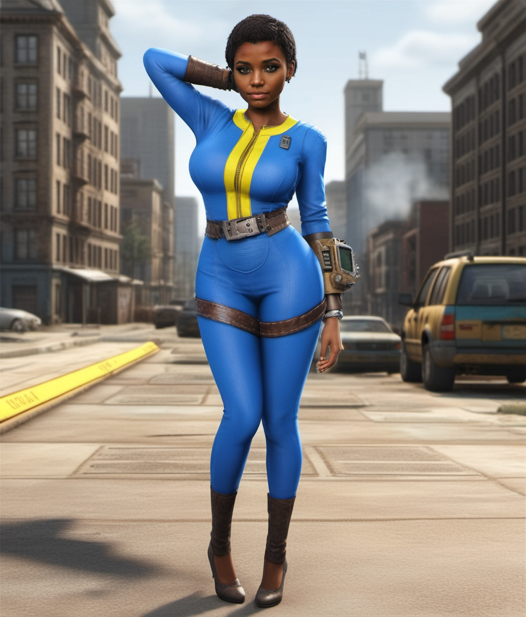 Dystopian style a cute black woman wears a blue and yellow outfit, a computer wrist, a belt, in a city <lora:Fallout-V2-1024-120:0.8> . Bleak, post-apocalyptic, somber, dramatic, highly detailed