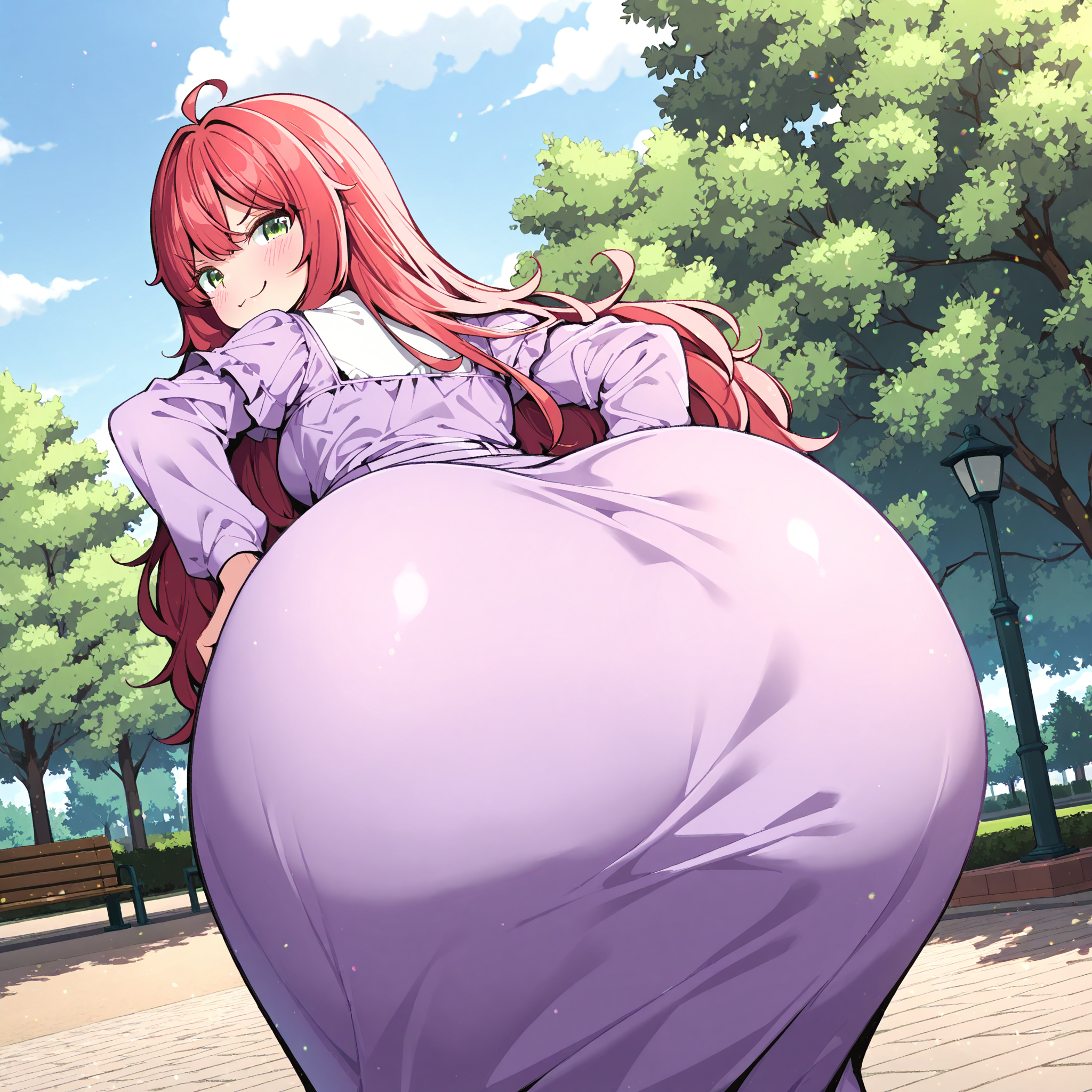 (masterpiece), best quality, (highly detailed), 1female, solo, <lora:sao73cat_style_Illustrious_r1:0.8>, park, purple dress, from behind, huge ass, hands on hips, red hair, long hair, green eyes, smug, looking back,