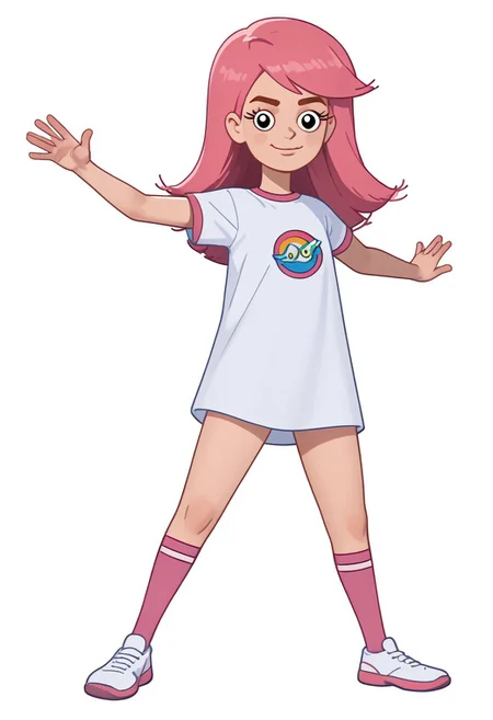 score_7, score_8, score_9, solo focus,  girl olya, 1girl, long hair, pink hair, bangs, snub nosed, black eyes, eyelashes, thin hands, pink kneesocks, white footwear,  standing  against viewer, posing, smug smile, white background, balancin pose,