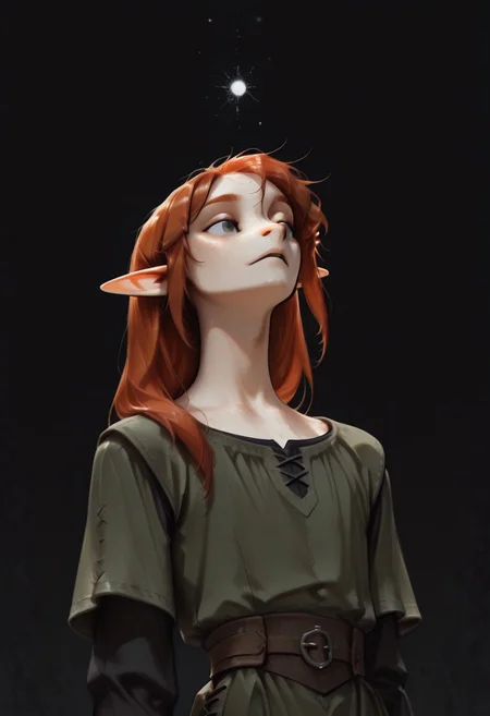 1person, (Lapanya), Malgha, freckles, 2 strands of hair sticking up, pointy ears, Long-sleeve black shirt, green tunic,
Low angle, looking around, floating, weightless,
Black background, void background, empty space background,
Source: semi-realistic