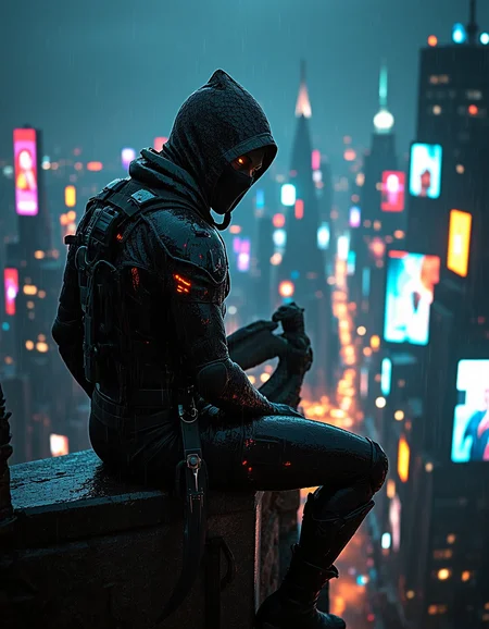 Imagine an image of an elite assassin, their midnight-black tactical bodysuit woven with interlocking carbon fiber plates, perched silently atop a gargoyle-lined cathedral overlooking a neon-lit metropolis. Their face is hidden beneath a high-tech hood lined with faint red HUD displays, while a pair of piercing amber eyes peer through the darkness. A coiled grappling hook rests at their hip, and twin curved daggers, their matte black finish absorbing light, are strapped to each thigh. The cathedral spires are covered in slick rain, glistening under the flashing advertisements of the city below. Billboards project holographic ads into the rainy night air, casting distorted reflections on the assassin’s sleek armor. The style is noir cyberpunk with a focus on deep shadows, rain effects, and high-gloss reflective surfaces.