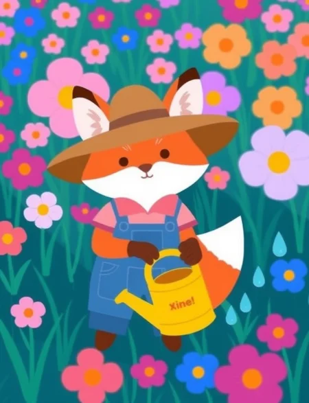 This image is a digital illustration. It features a cute, anthropomorphic fox in a gardening scene, standing in a field of colorful flowers. The fox wears a wide-brimmed brown hat, pink shirt, and denim overalls with a tool pouch. The fox holds a yellow watering can labeled "Xine!" and water droplets are shown as it waters a nearby flower. The background includes vibrant flowers in pink, purple, and blue, with green grass.
high quality, best aethestic, best composition