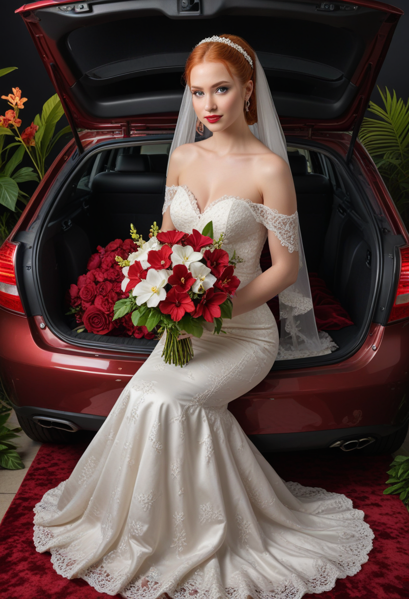 (medium full shot) of  (angelic bride) young woman, russian, blue eyes, fair skin, tall,, light skin, dark green eyes, full-figured, short red ponytail hair,  wearing Velvet off-the-shoulder top with lace trim, velvet mermaid skirt, velvet headband, velvet platform heels, wedding veil with lace, satin gloves embellished with lace and pearls, holding a bouquet of tropical bouquet of orchids and hibiscus blooms, set in  car Trunk Space, Spacious area with carpeted flooring, collapsible cargo organizer, tie-down hooks, spare tire compartment, a hidden storage compartment beneath the floor , at night, surprised, open mouth, running toward the viewer, Masterpiece,best quality, photorealistic, amazing quality, very aesthetic, extremely detailed face,